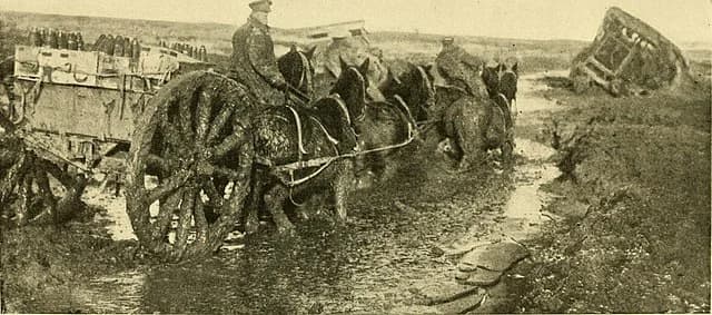 Chevaux tractant une pièce d'artillerie lourde dans la boue du front, 1917