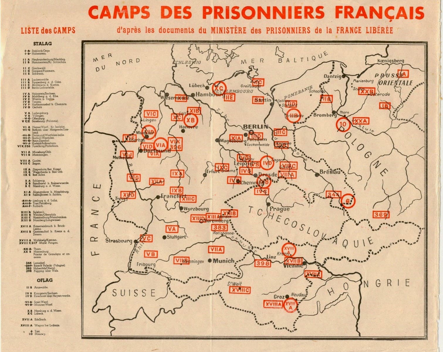 Carte des Stalags et camps de prisonniers en Allemagne, 1940-1945